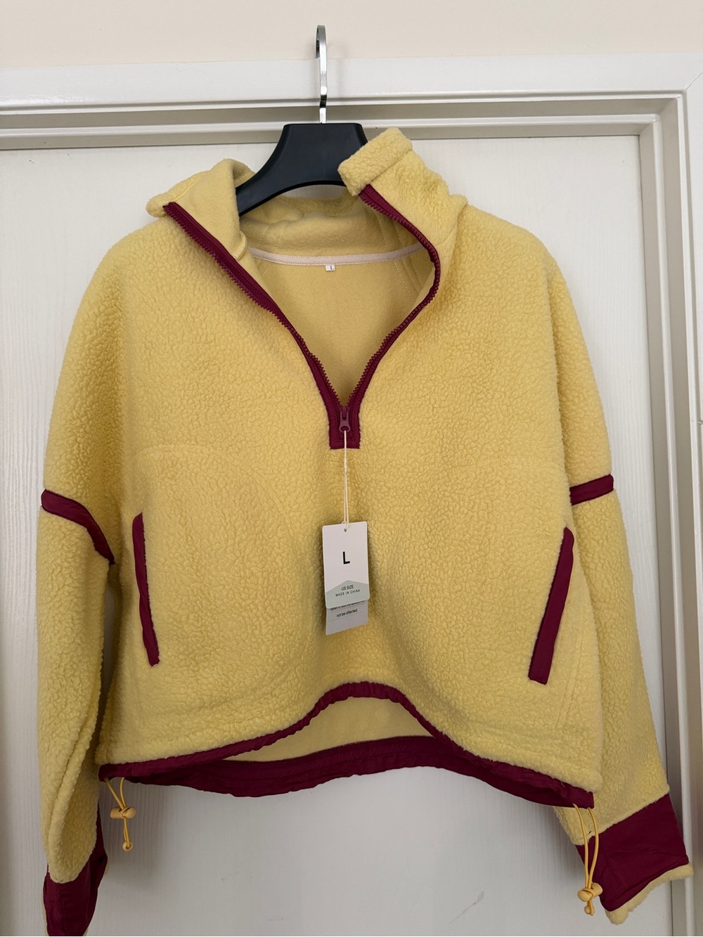 Women’s Yellow Sherpa Half-Zip Pullover with Burgundy Trim